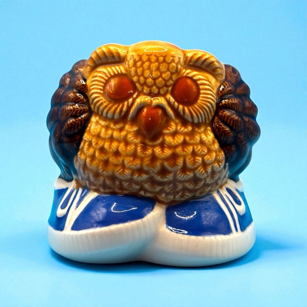 Vintage Ceramic Brown Owl With Blue Sneakers Flower Planter Jar Retro 70's Clean